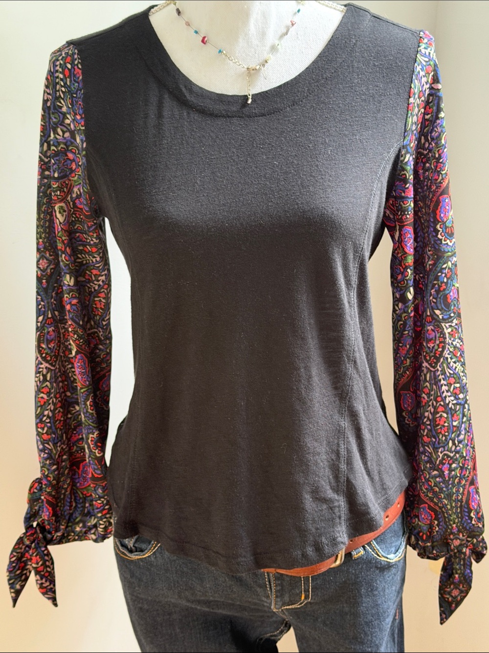Anthropologie Black Long-Sleeve Top with Paisley Tie Cuffs